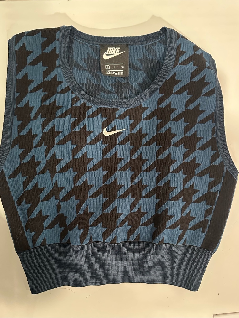 Nike Blue & Black Houndstooth Knit Vest Crop Tank